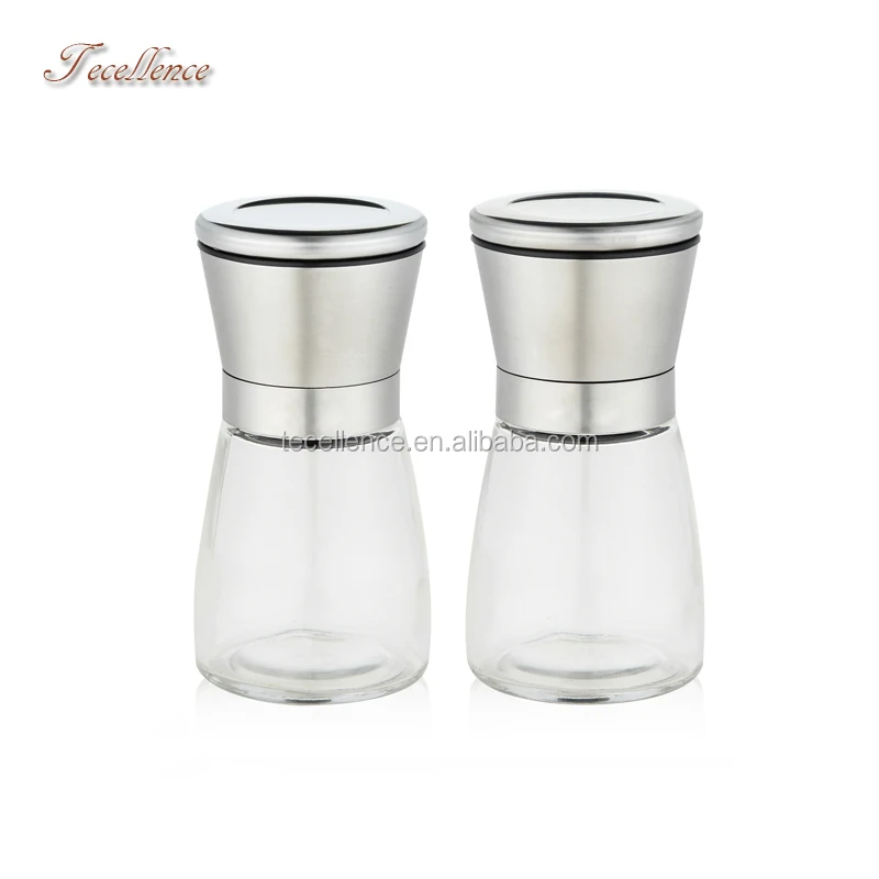 Manual Salt Pepper Grinder Set, Stainless Steel Pepper Grinder Mill with Glass Bottle