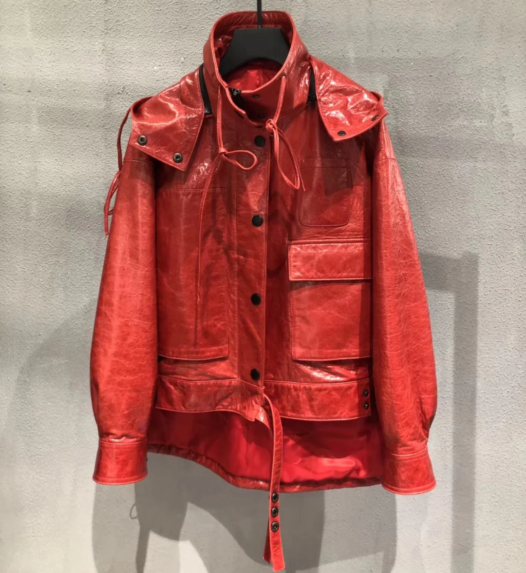 2021 New Red Color Bomber Jacket Outwear Casual Genuine Leather Windbreak Trench Coat Wax Sheepskin Leather Jacket for Women