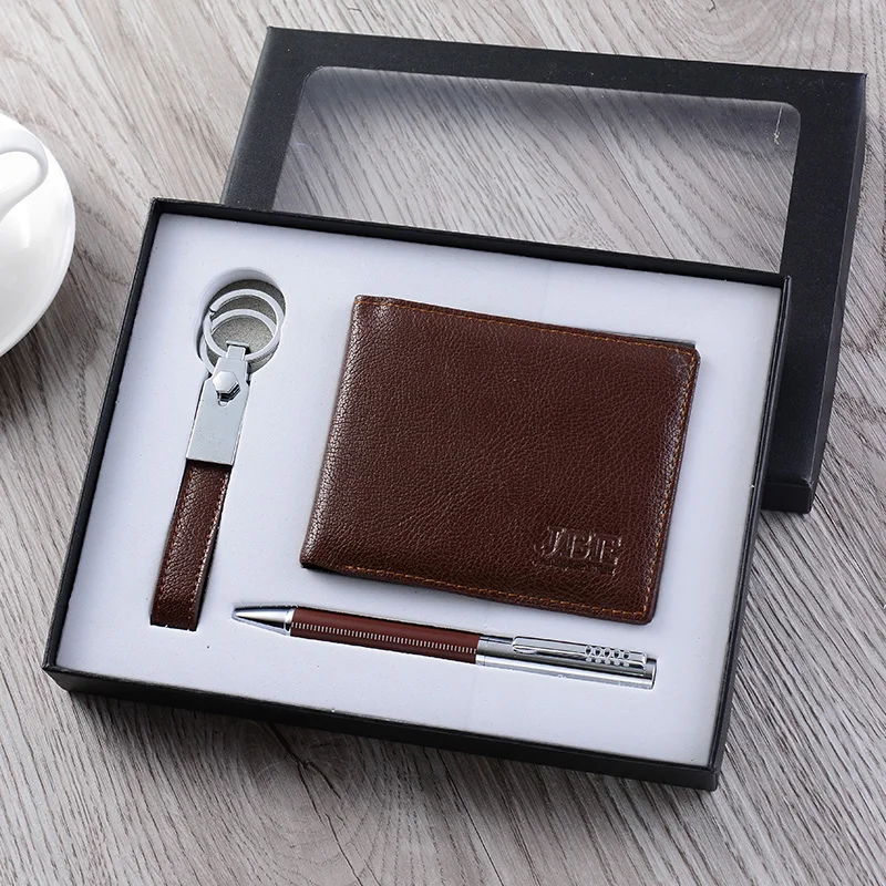 PU leather wrapped ball pen with leather keychain and wallet VIP gift set