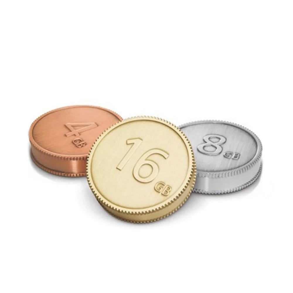 Newest Design Metal Coins Portable USB Pendrive Round Shape Tokens Custom Logo Silver/Gold Coin Acceptor Memory Stick 16G/32G