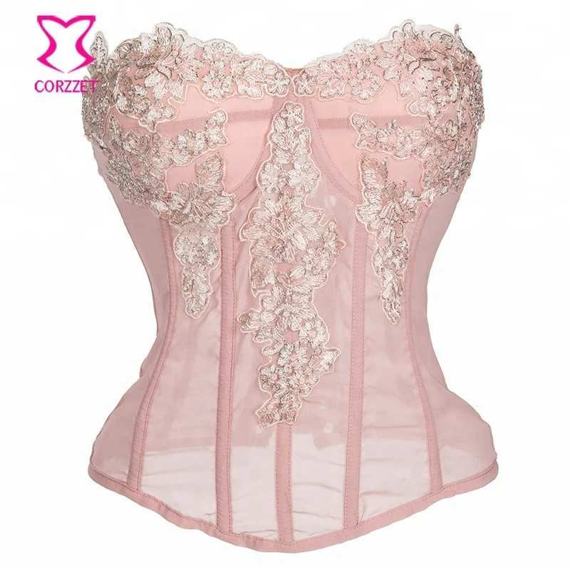 Pink Floral Appliques & Chiffon Push Up Bustier Corset Top Corselet Overbust Corsets Women Body Shaper Sexy Gothic Lingerie