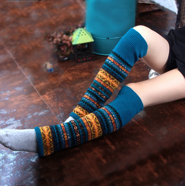 New Women Winter Stripes Leg Warmers Knee High Wool Aztec Knitted Leg Warmers