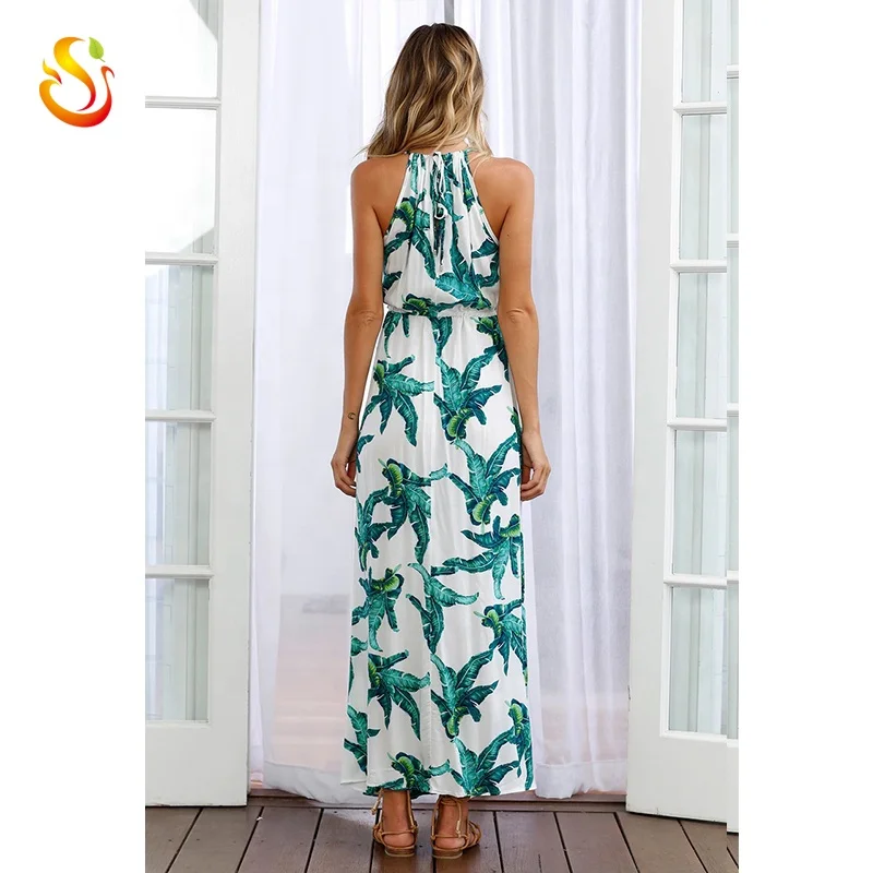 
Wholesale high quality custom leaf pattern women V neck one piece sleeveless casual maxi dress long skirts 