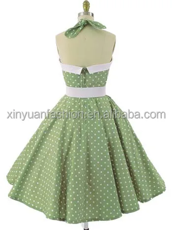 Vintage Style Girls Green White Polka Dot Swing Dress