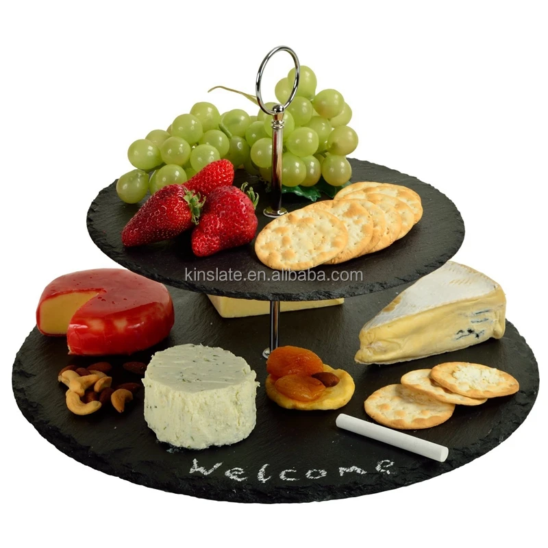 Personalized crafted natural black 2 tier slate cake stand for party use 30cm