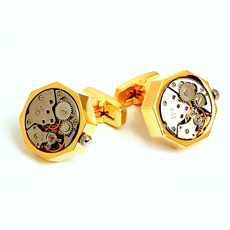 Gold plated mechanical cufflinks watch movement