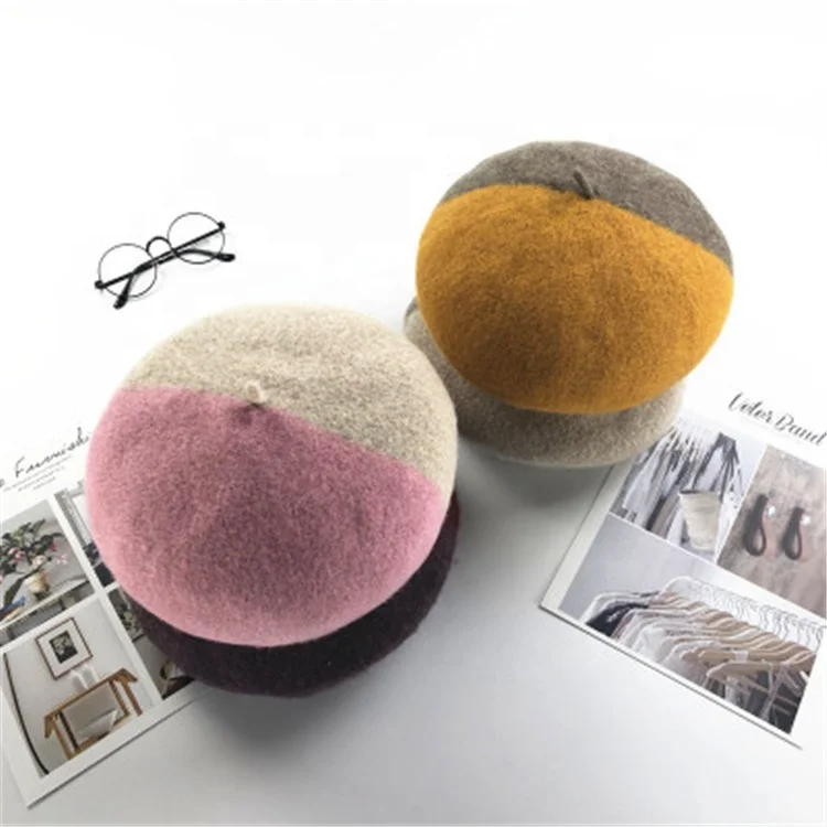 2019 Modern Stylish High Quality Winter Stitching Color Lady Wool Decorate Military Beret Painter Cap