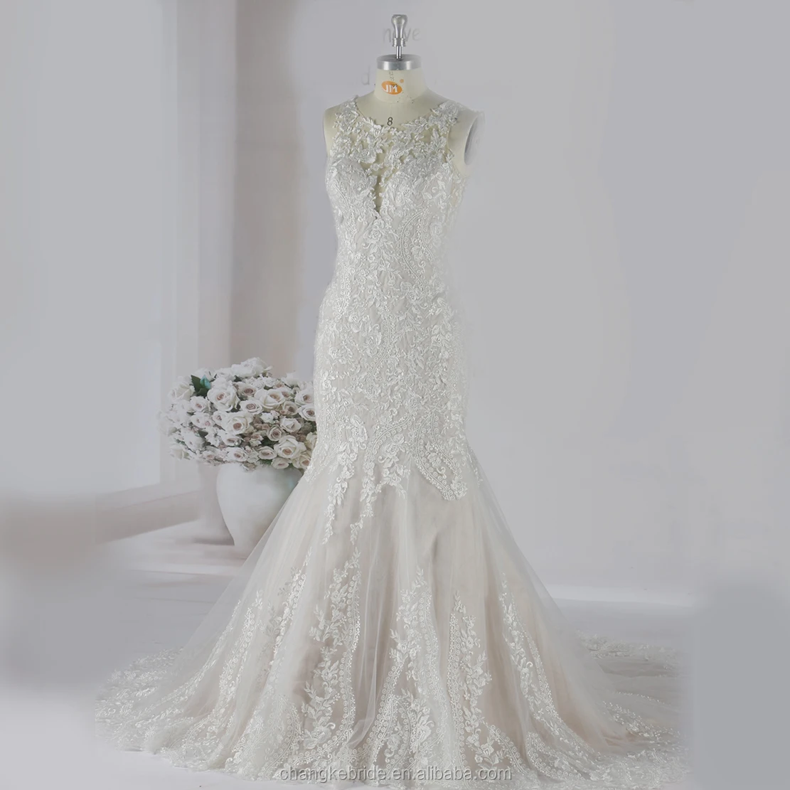 2019 Luxury Lace Sleeveless Scoop Neck Long High Quality Empire Plain Wedding Dress  Backless Mermaid Style Manufacturer