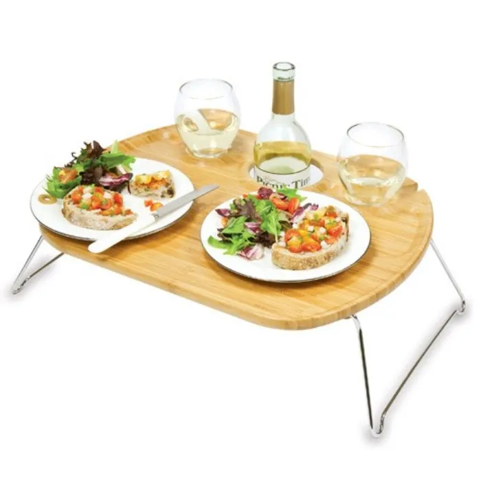 New Product Ideas 2021 Bamboo Wooden Wine Accessories Travel Camping Folding Outdoor Picnic Table With Wine Holders