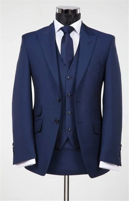 Top Selling Custom Made Navy Blue Men Suits 3 Pieces Jacket Pant Vest