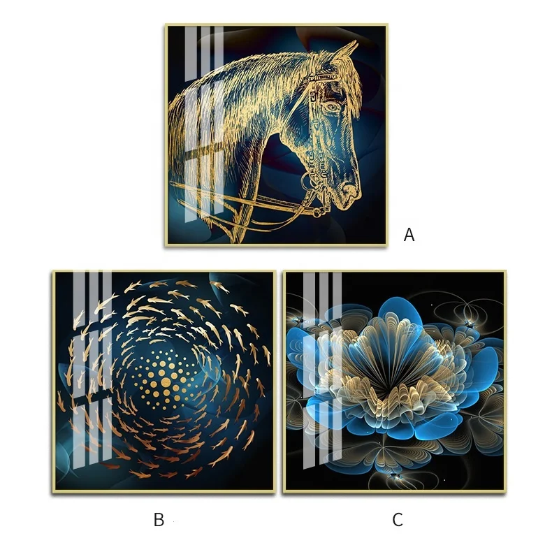 Excellent square UV glass flower horse painting with aluminium frame