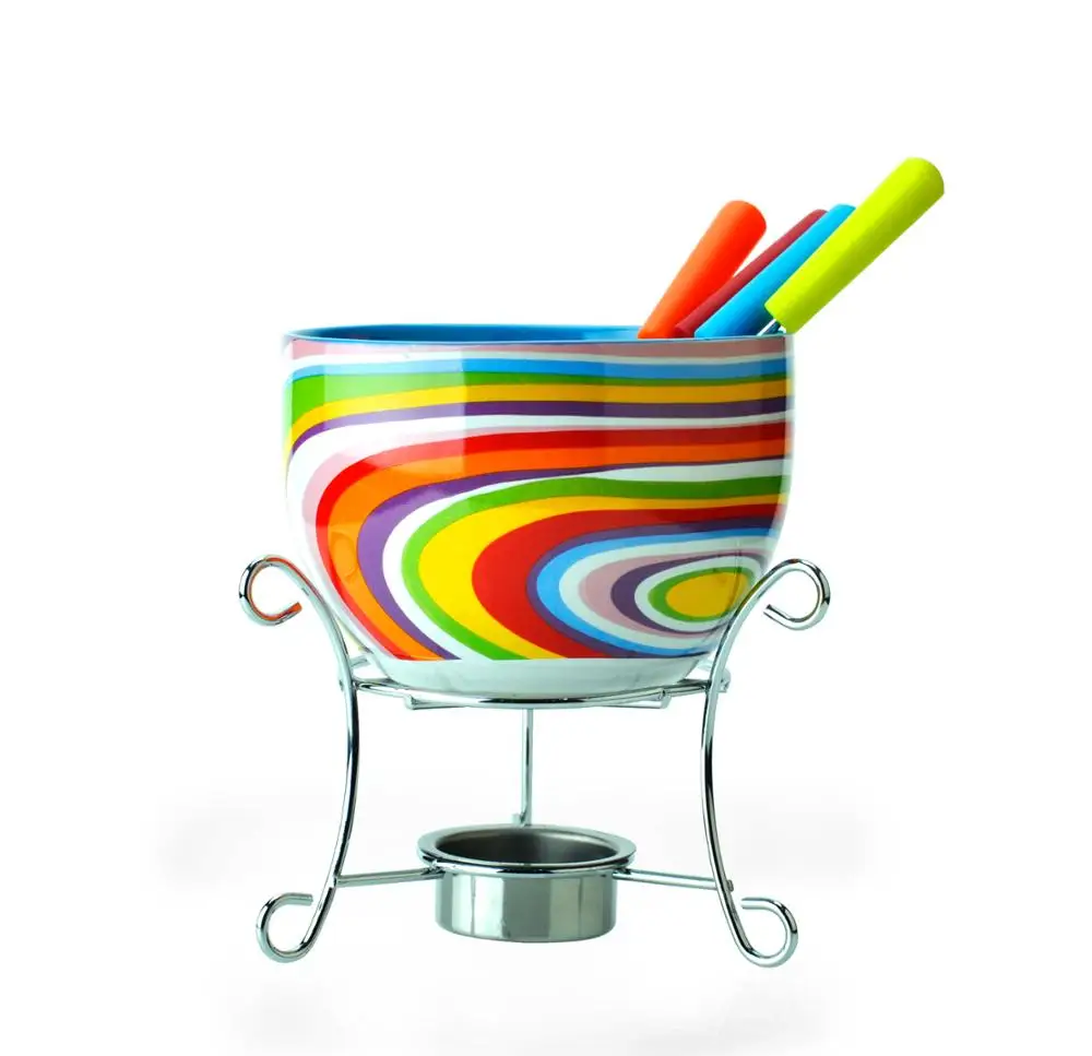 Unique Products Mini Ceramic Fondue Set Seramic Bowl With Stainless Steel Stand and Candle Cup and 4pcs Forksand Metal Tray