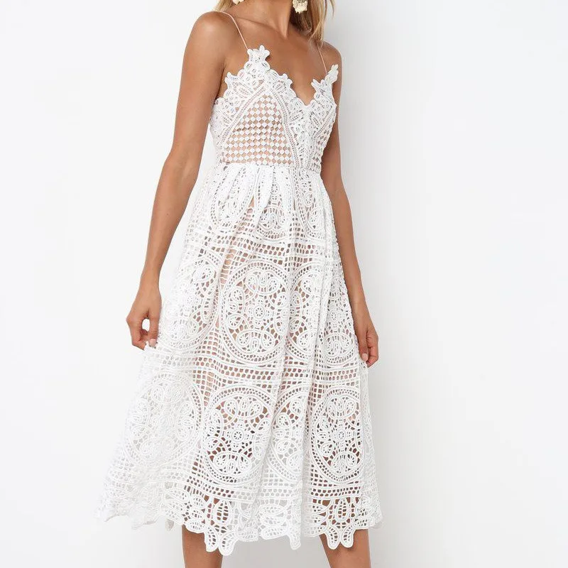2019 European and American sexy openwork lace temperament strap dress