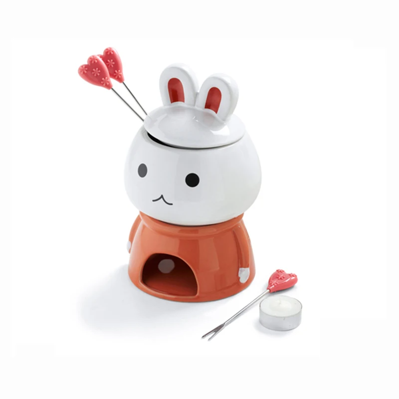 White  cute rabbit ceramic fondue pot set