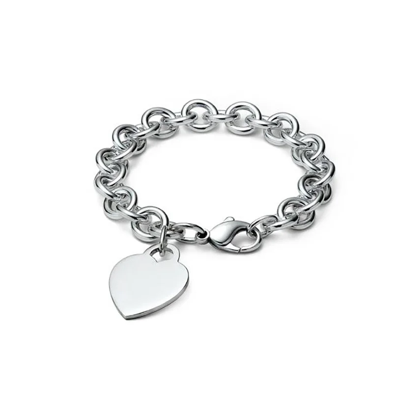 Round Link Chain Bracelet w/ Polished Heart Lock Charm in 925 Sterling Silver