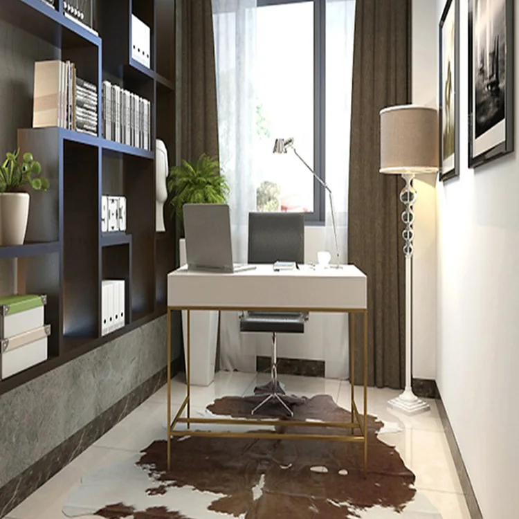 Modern golden stainless steel white lacquer study computer desk working table home office desk