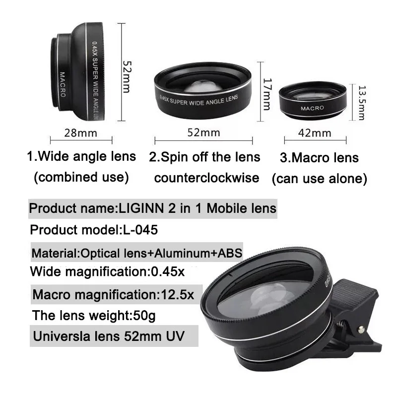 LIGINN Внешняя камера для мобильного телефона 2 в 1 комплект объектива 0.45x Супер Широкоугольный макро объектив L-045