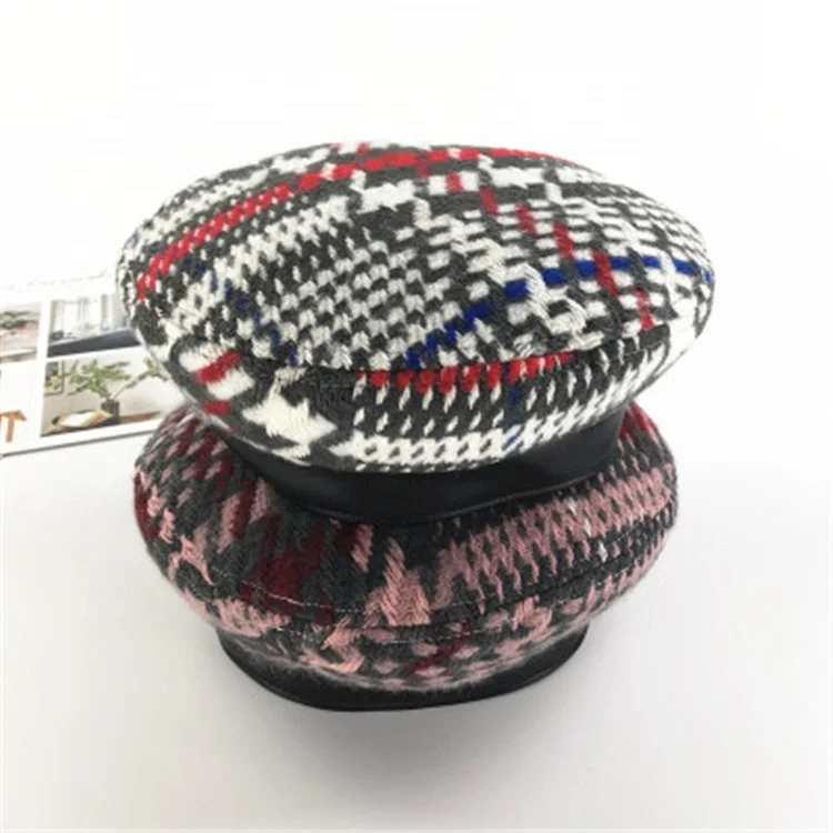 Winter High Quality Vintage Plaid Wool Stitching Check Ladies Army Beret