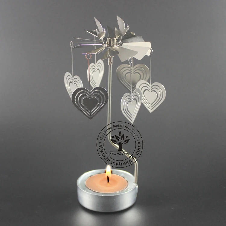 Silver plated metal etching rotating spinning tea light candle holder SCH-029
