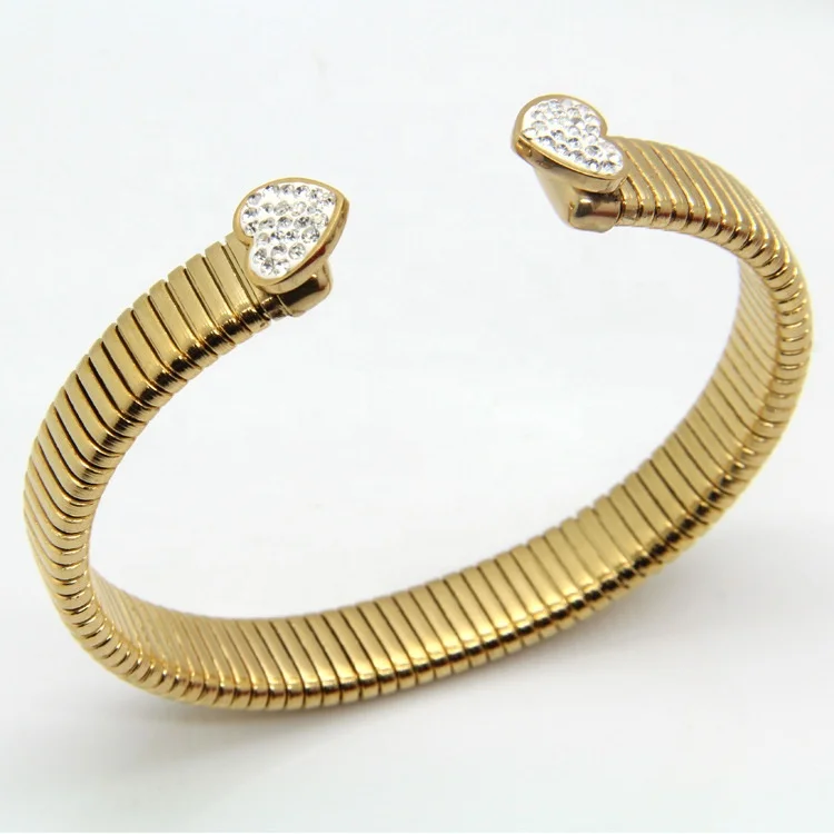 Latest Designed Gold Plated  Heart shape  with Diamond CZ Crystal Stainless Steel Cuff Bangle Bracelet for party jewelry