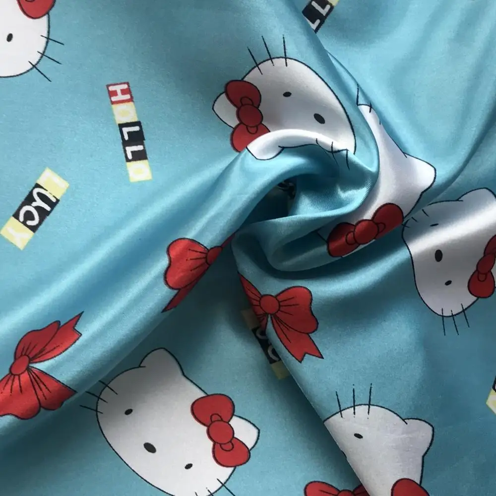 Satin Fabric Printed Fabric Cat Hello Kitty blue