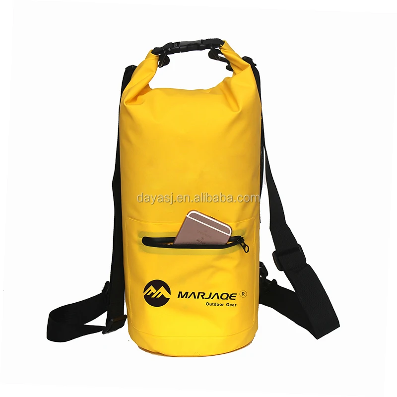 500D PVC tarpaulin waterproof dry bag with double adjustable straps front zipper pocket and side mesh pouch for camping