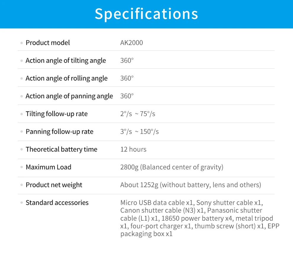 FeiyuTech Feiyu AK2000 3-Axis Handheld Camera Stabilizer Gimbal for Sony Canon 5D 6D Mark Panasonic GH5 Nikon D850 2.8kg Payloa