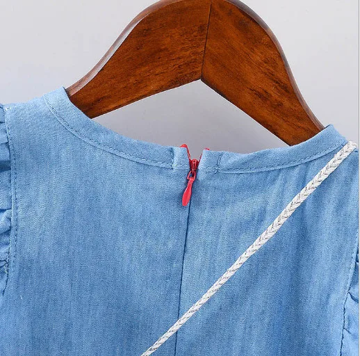 2017 Cotton denim dress girl kids summer children dress with lovely polka dot pocket girls denim dresses