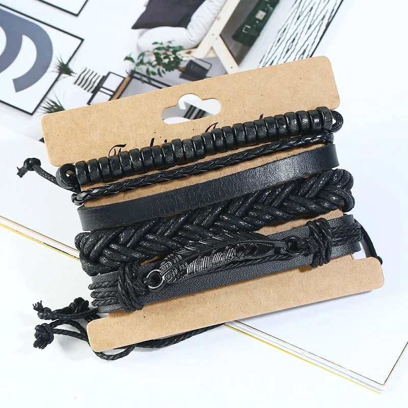 adjustable cheap set artificial wax string braided wood bead leather bracelet feather for men