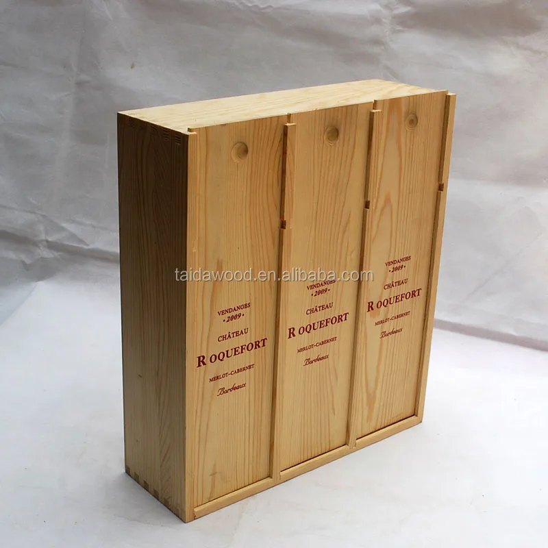 Large Pine Wooden Triple Champagne Bottle Box Plywood Slide Lid Wine Box