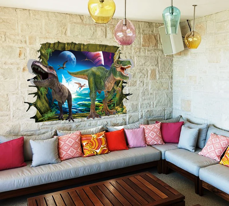 YIYAO DIY 3D Dinosaur Floor Wall Sticker Cartoon Broken Door Wall Stickers