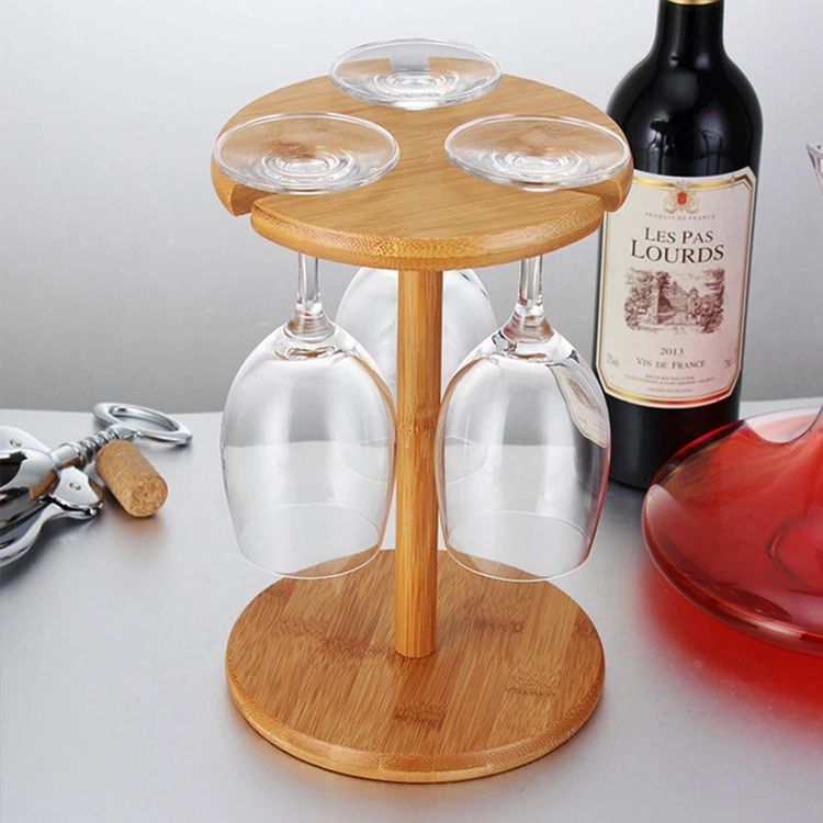 Hot Sell Bamboo  Red Wine Rack  Holder with 6 Glass Cups Holder