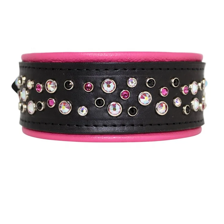 
Adjustable Soft Padding in a Variety of Colors Luxury Brown Leather Dog Collar with Crystal 