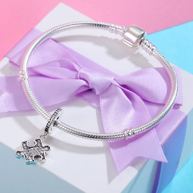 
925 Sterling Silver Puzzle shape Dangle Charms Clear CZ Charms Fit Snake Chain Bracelet and Necklace 