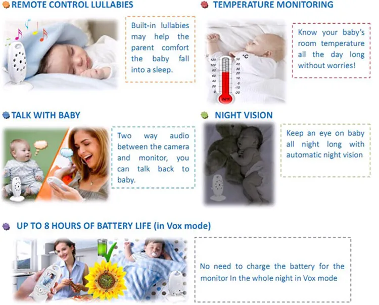 
2 inch Color Video Wireless Baby Monitor Security Camera Baba Electronic Radio Video Nanny Night Vision Temperature Babysitter 