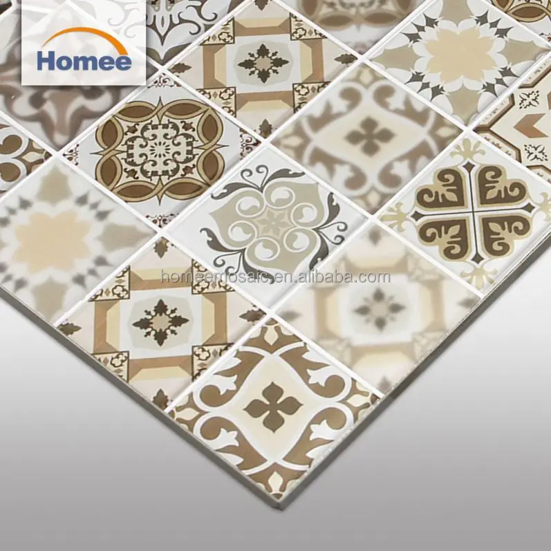 Brown square low price kitchen backsplash wall tile art chip 73x73mm for kitchen backsplash inkjet crystal mosaic glass plates