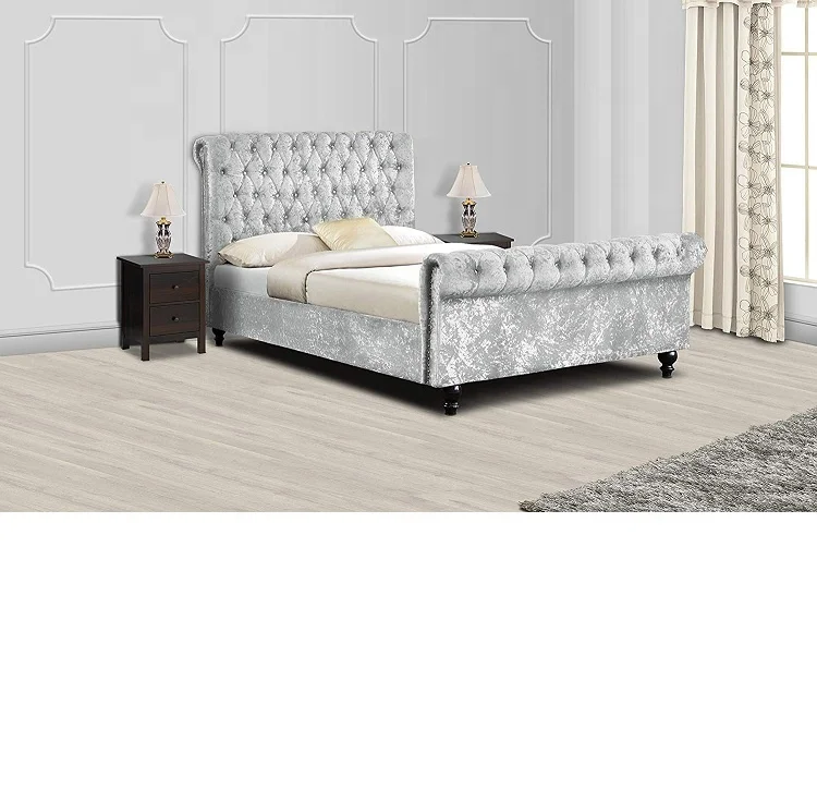 Classy Modern Bed Frame Sleigh Style Fully Upholstered Designer bed in Crushed Velvet or Chenille Fabric
