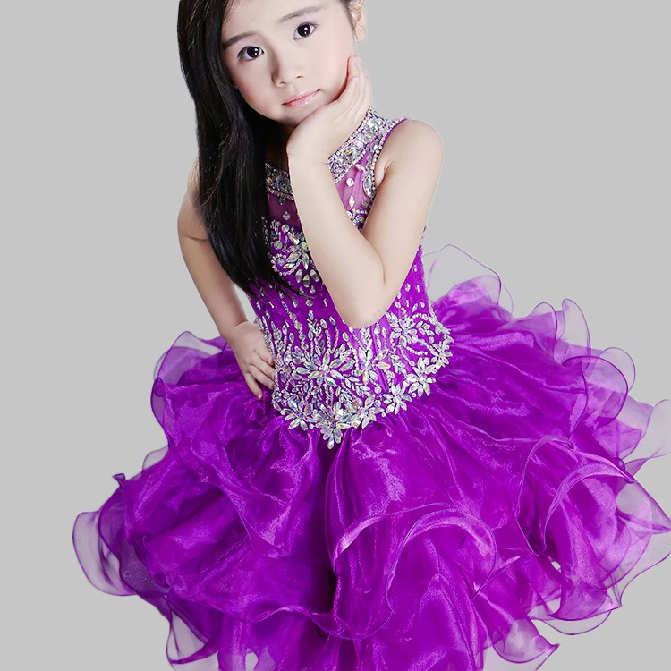 Hot selling organza short child dress summer beaded girls dresses purple