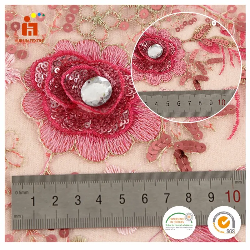 Hot products 2022 polyester mesh pink 3D flower sequin hand beaded embroidery lace