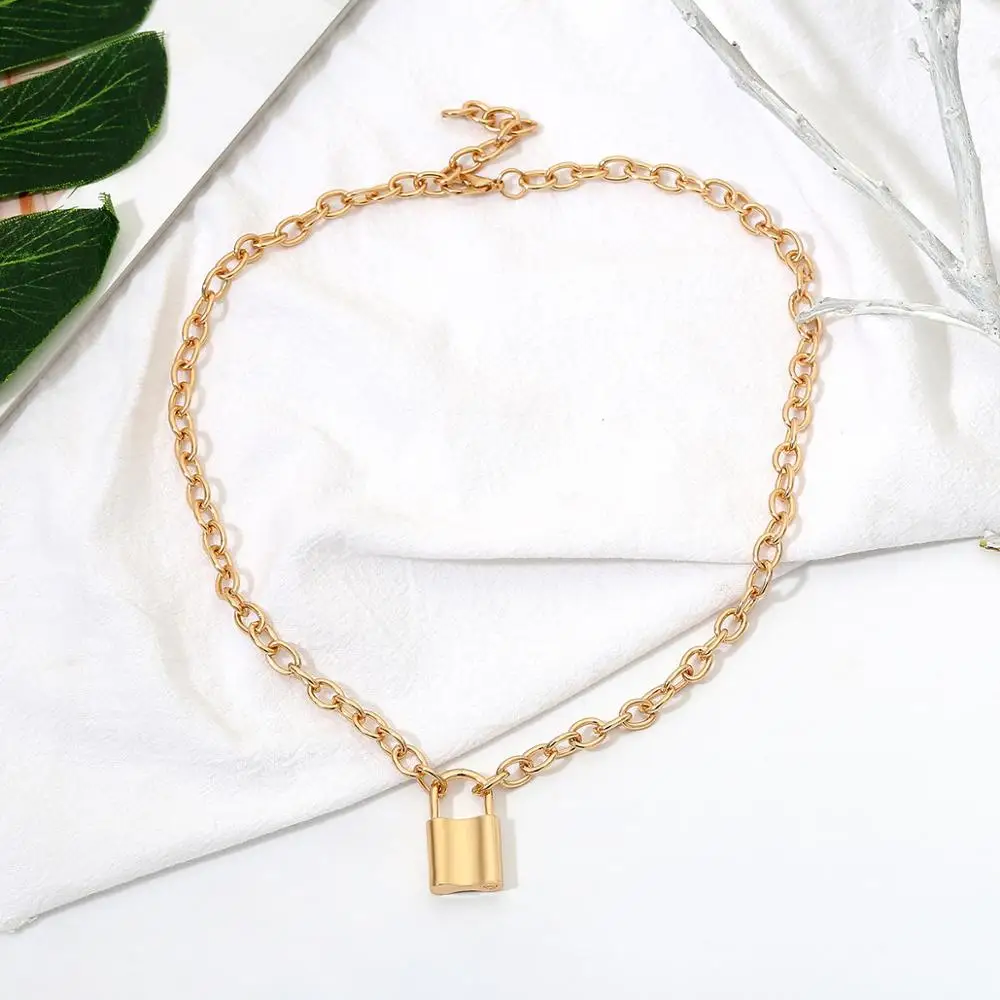 Punk Style Design Jewelry Gold Link Chain Necklace Pendant Padlock Necklace For Women