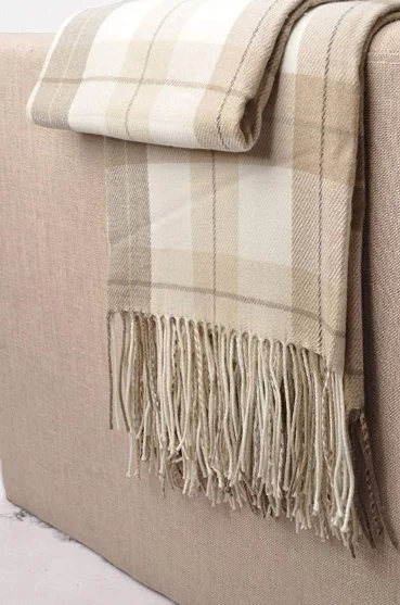 Grey and  White Plaid Fringed Cashmere Shawl Throw  Jacquard Wool  Blanket