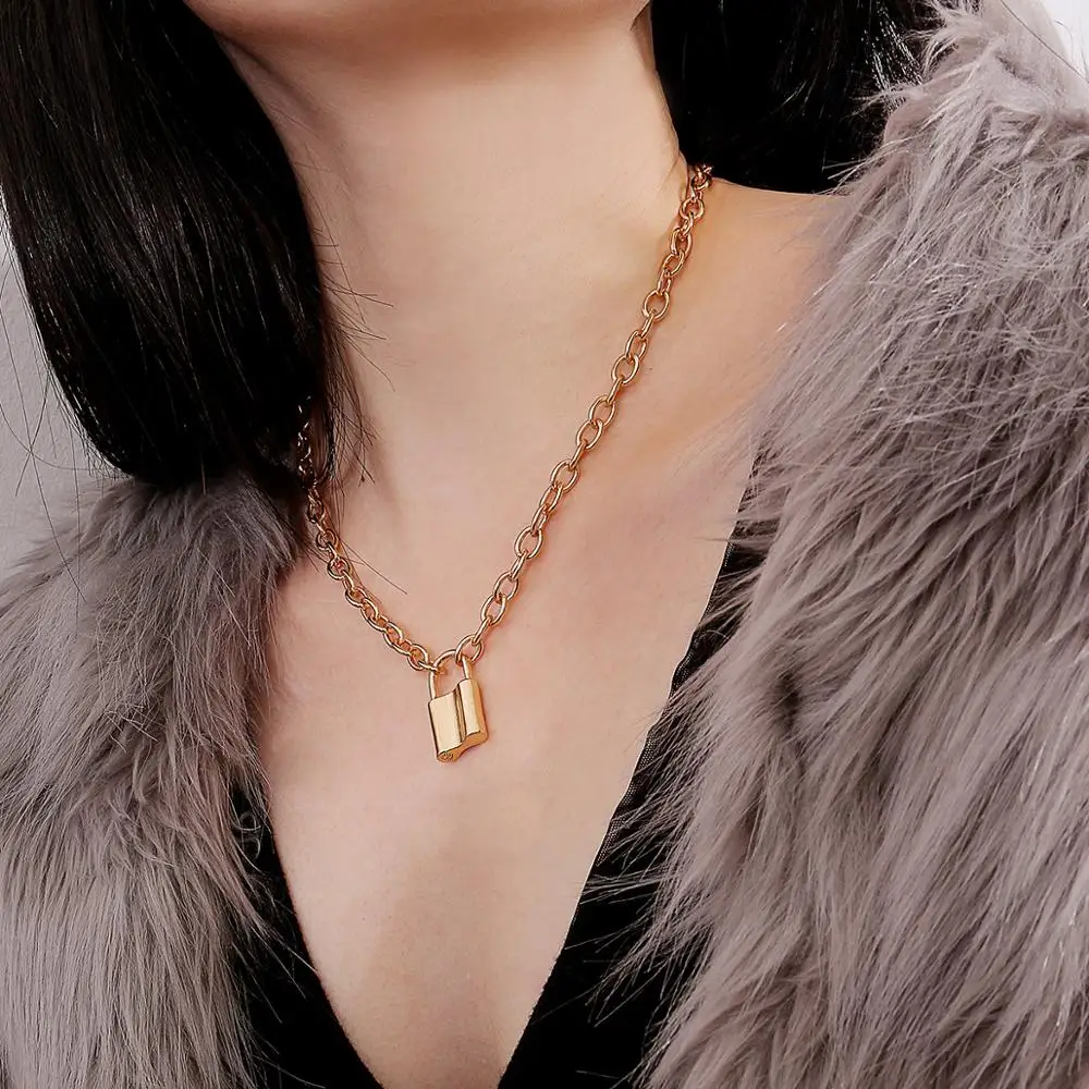 Punk Style Design Jewelry Gold Link Chain Necklace Pendant Padlock Necklace For Women