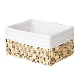 Eco-friendly Rectangle Bread Fruit Hand-woven Box of Food Chips Storage Basket Wooden Storage Basket with Fabric Lining