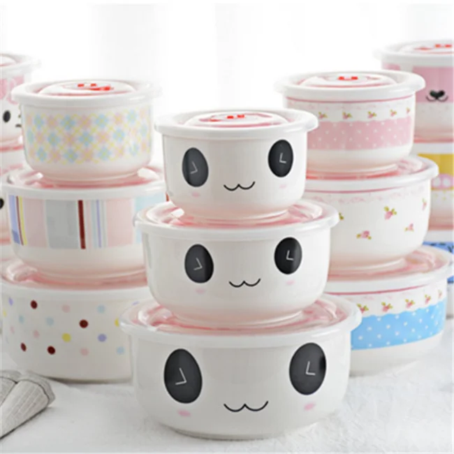 Restaurant Decal food container set of 3 cheap wholesale ceramic lunch box, bowl with lid, ceramic chinese bowl set