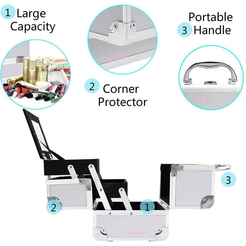 Pro Aluminum Rolling Makeup Case Salon Cosmetic Box Organizer Trolley Beauty Train Case,Silver