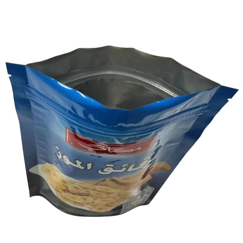 
Resealable waterproof ziplock stand up snack food packaging pouch aluminum foil bags for banana chips 