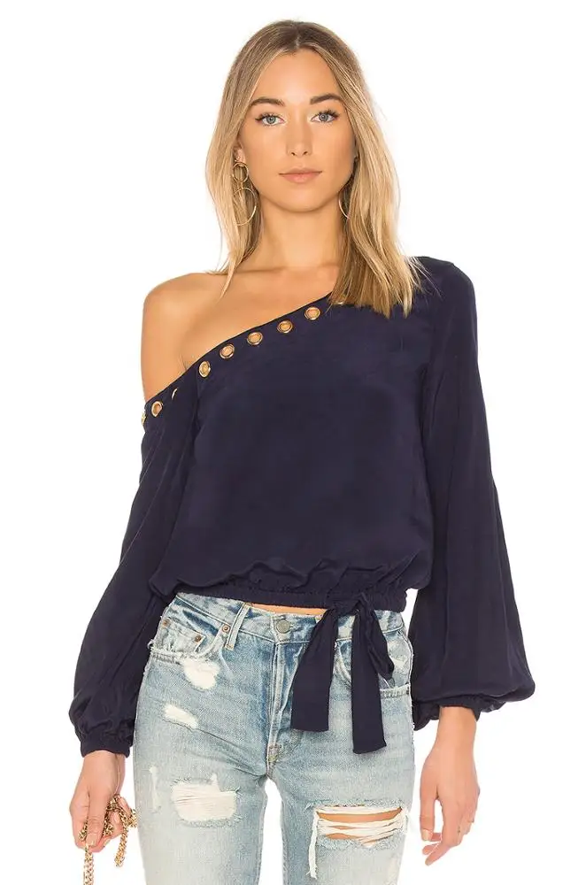 Fahion velvet long sleeve one-shoulder women blouse with hole