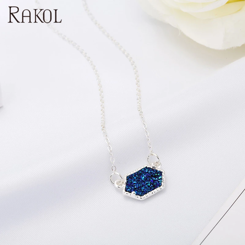 RAKOL NN036 Women Natural Stone Jewellery Pendant Necklace Druzy Crystal Gold/Silver Plated Bar Pendant Jewelry