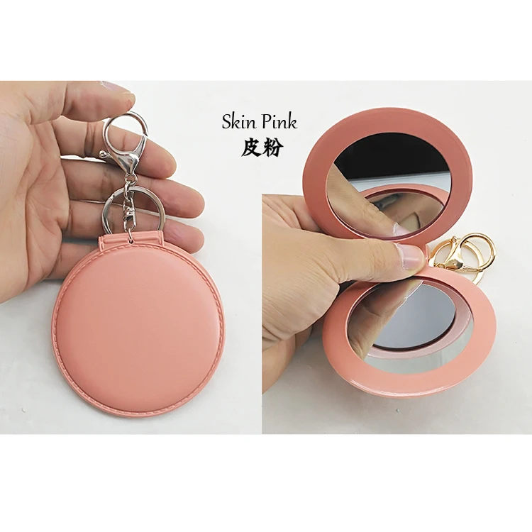 Wholesale In Stock Custom Logo PVC Leather Mirror Keychain Portable Pink Colour Pocket Mirror Keyring