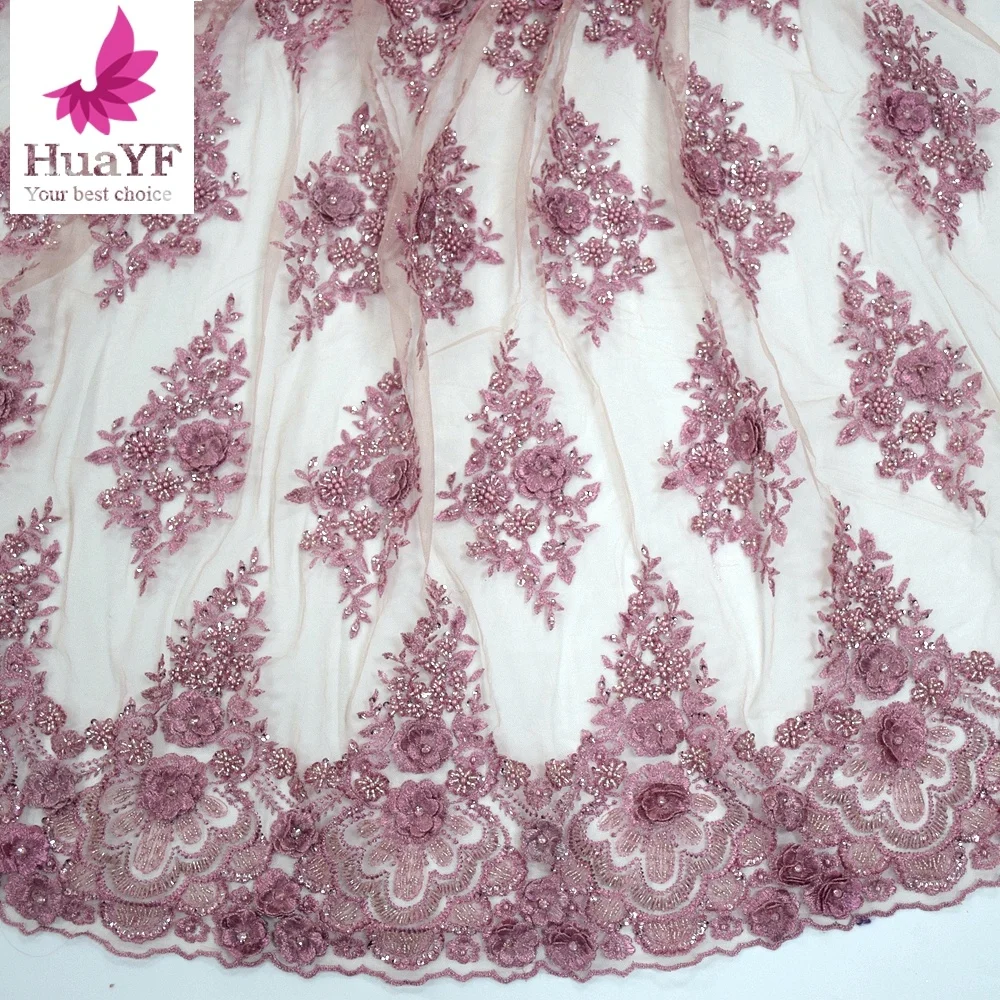 Latest products pink flower embroidery tulle fabric high quality bridal lace with beads fabric in market HY0993-1